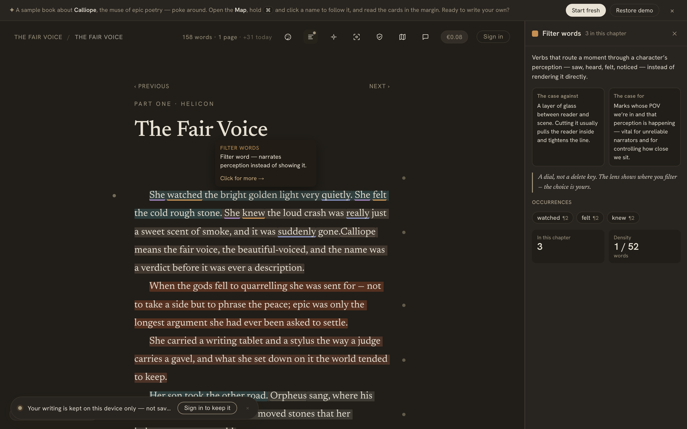 The guidance sidebar for the filter-words lens — the case against, the case for, a takeaway, every occurrence in the chapter, and a count
