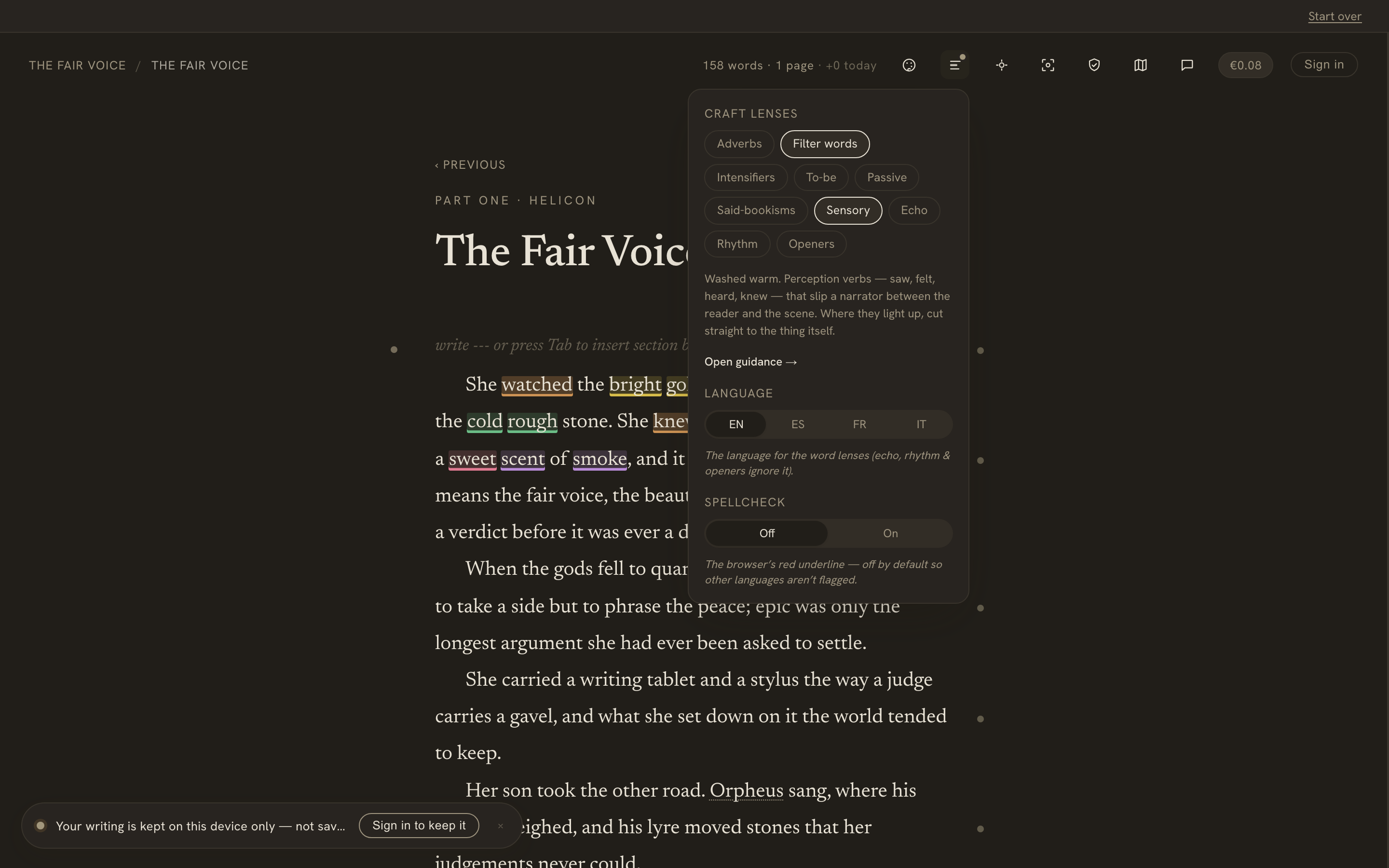 The Analysis menu open in dark mode — ten lens toggles, a guidance link, the language selector, and multiple lenses washing colour across the page