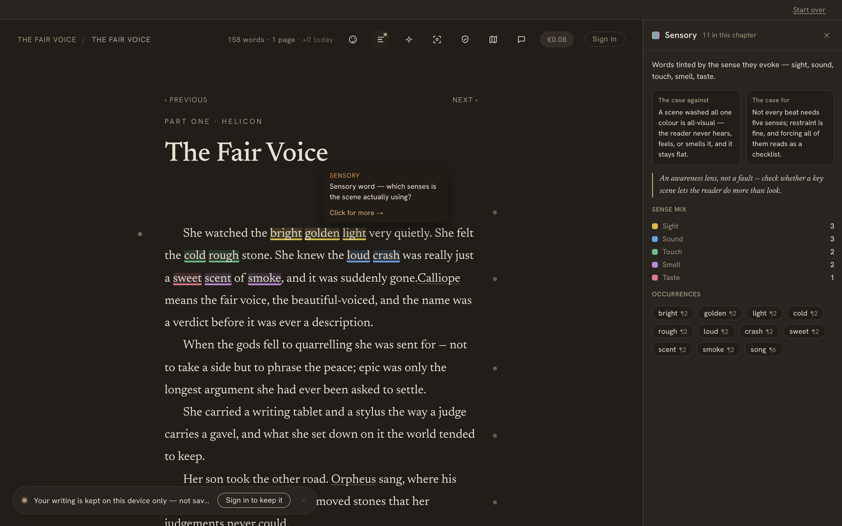 The Sensory lens — words tinted by sense, with a per-sense mix (sight, sound, touch, smell, taste) tallied in the sidebar