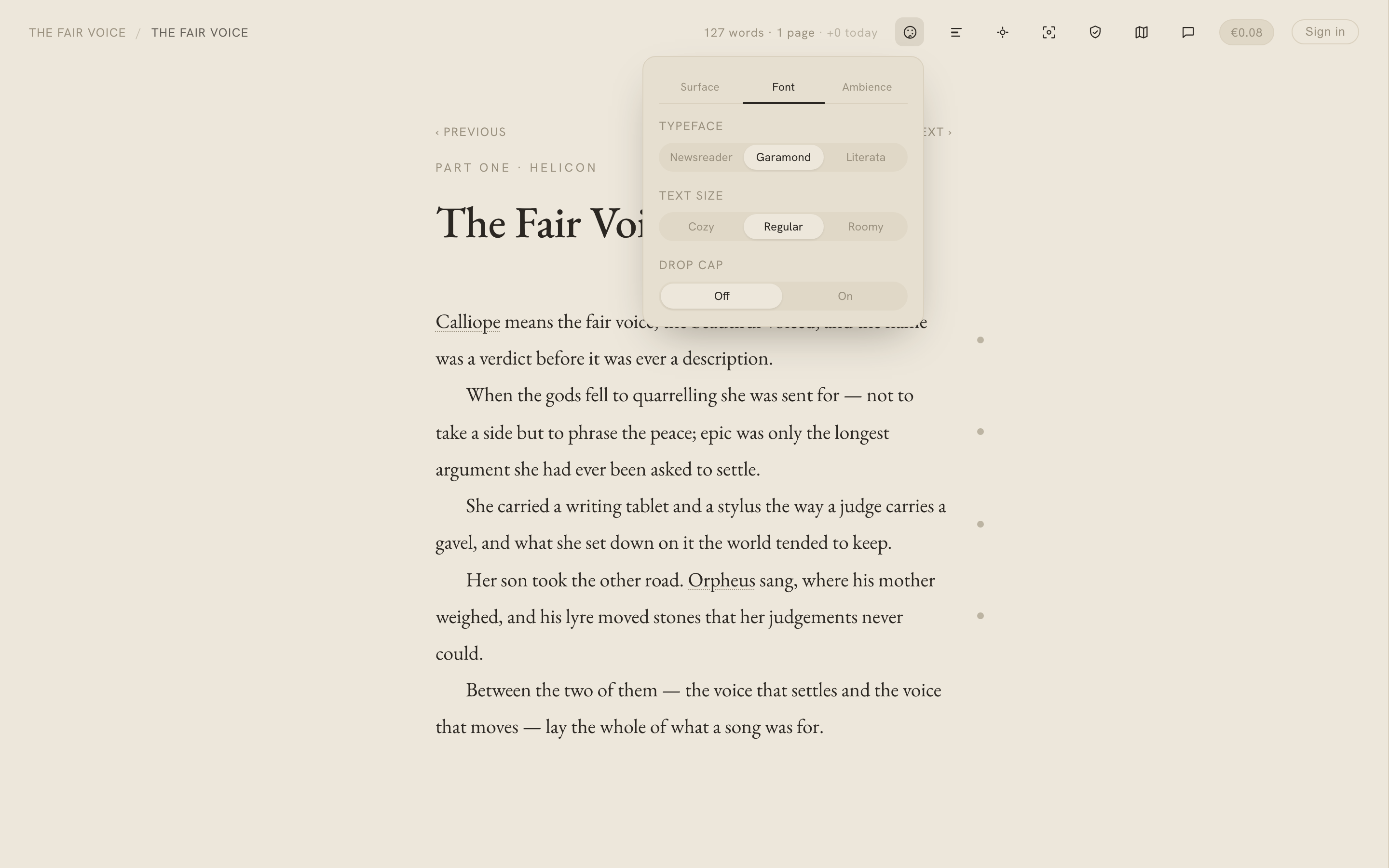 The Appearance popover open on its Font tab — Typeface (Newsreader, Garamond, Literata), Text size (Cozy, Regular, Roomy), and a Drop cap toggle