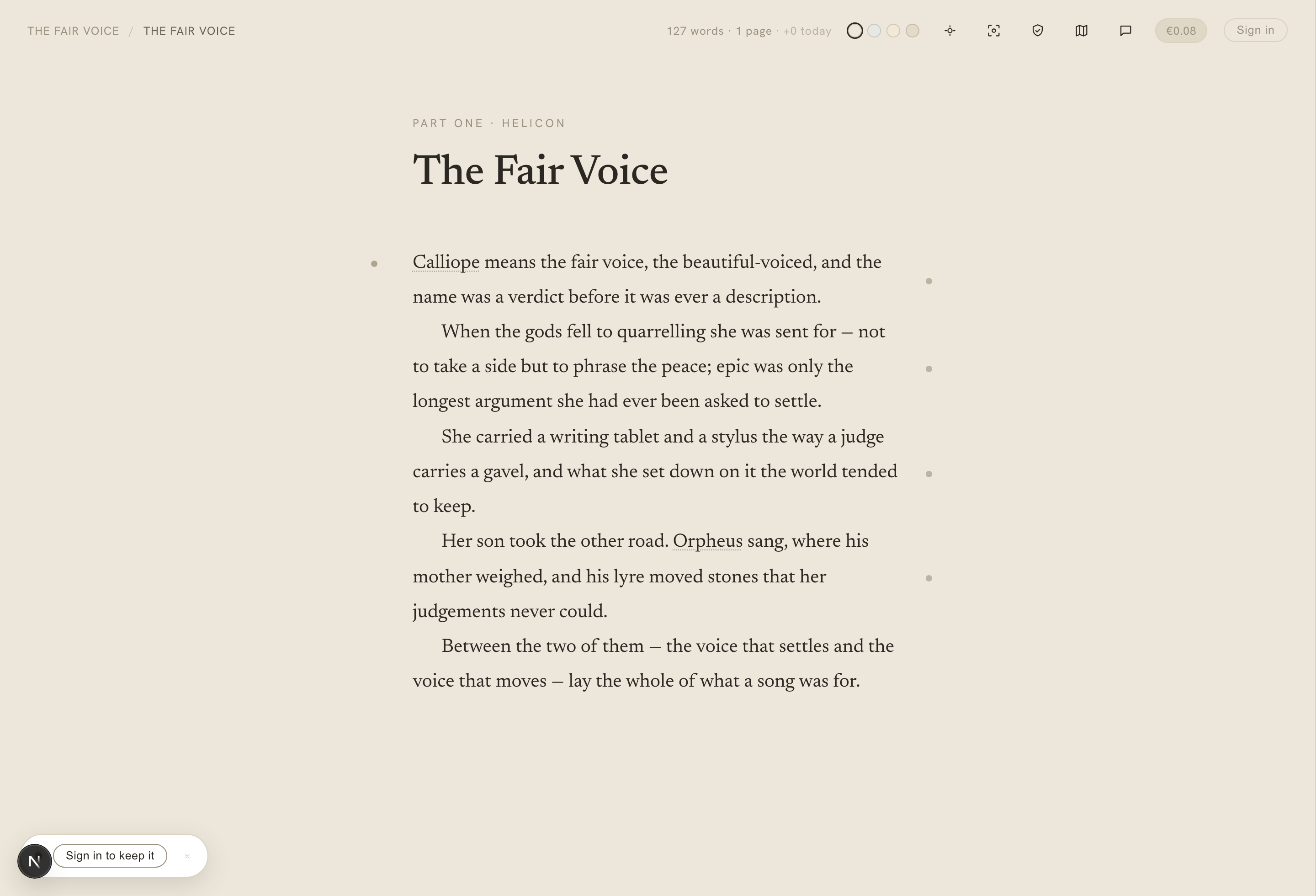 The Calliope writing canvas set in real book typography on warm paper