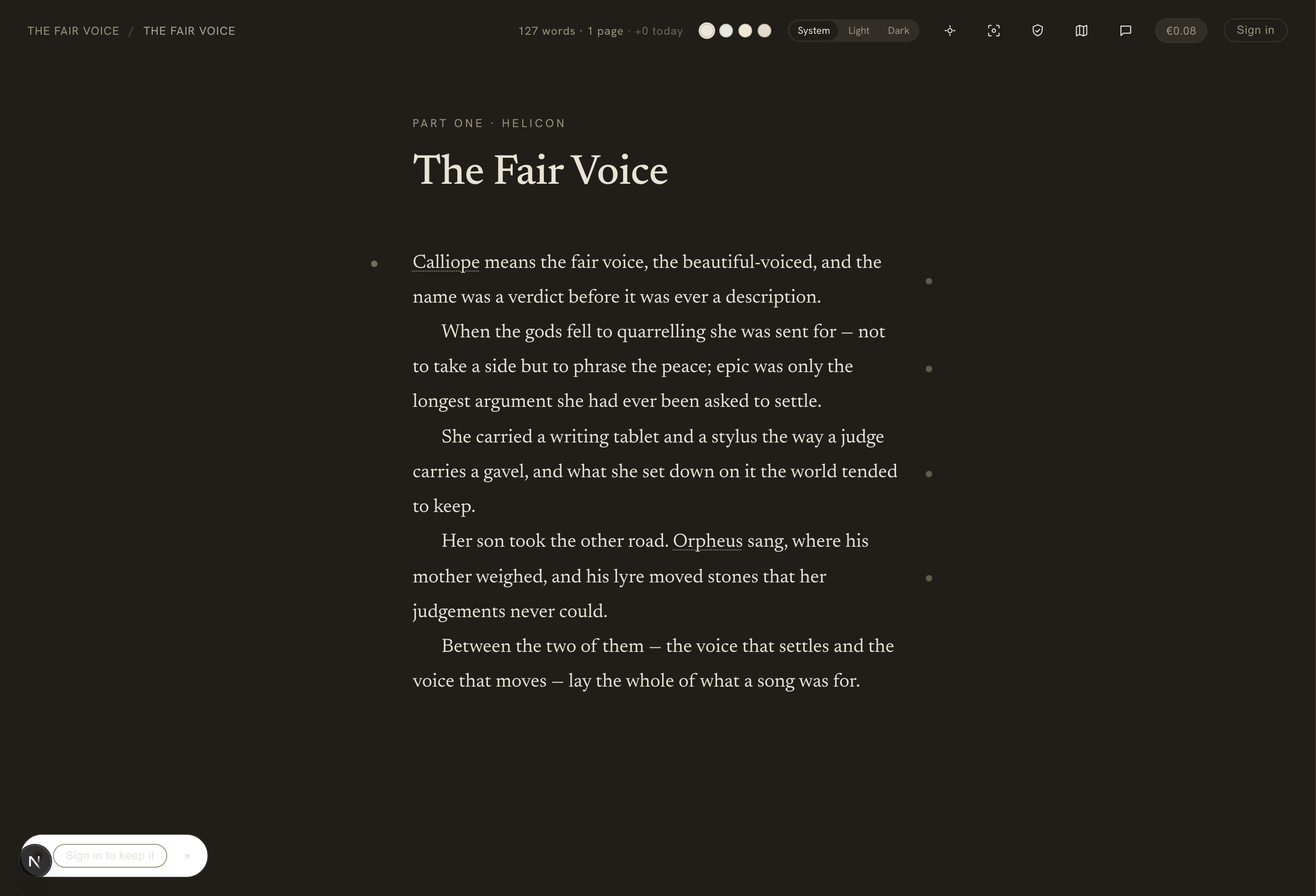 The writing canvas in dark mode, calm and quiet