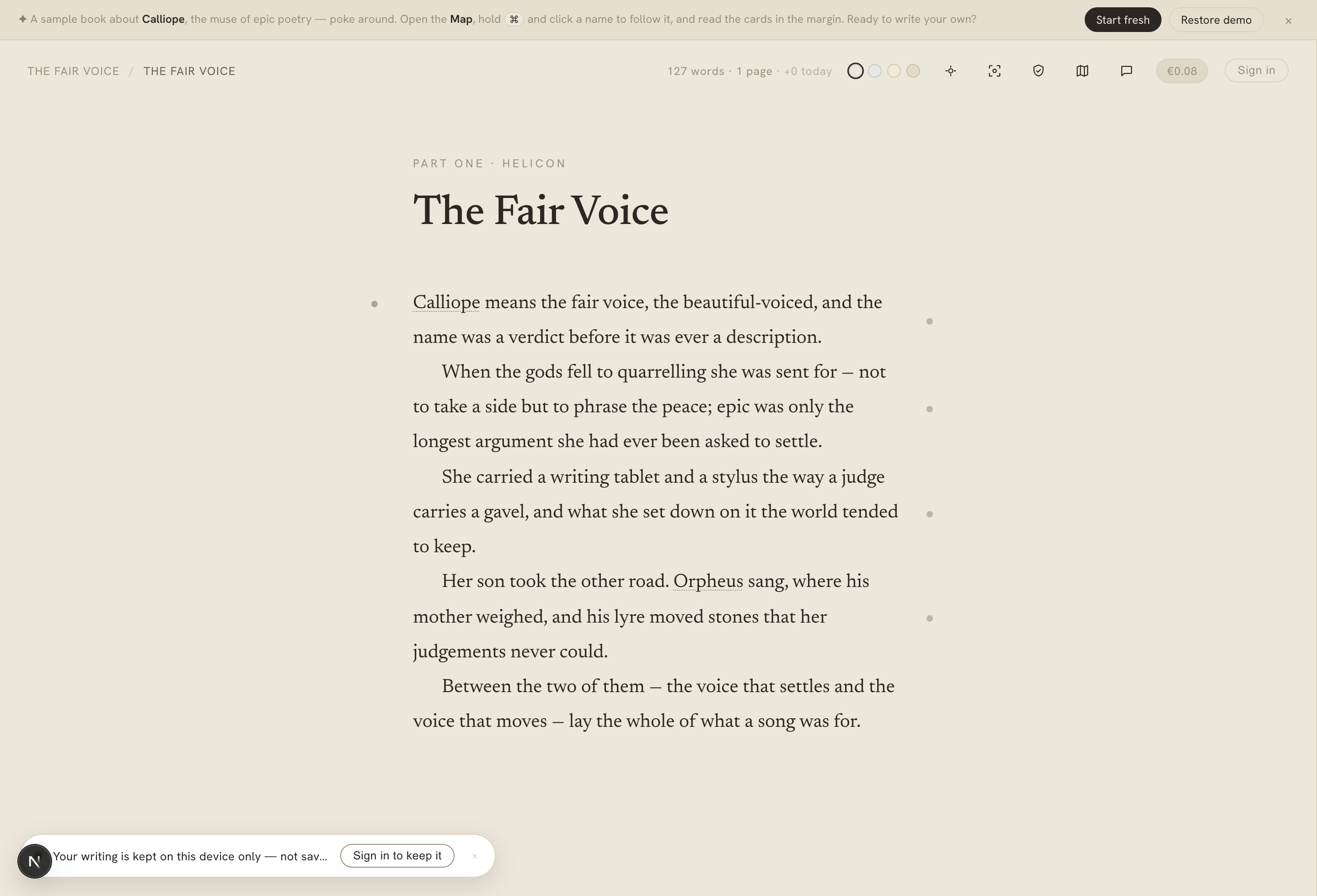 The Calliope demo book open in the editor, with a notice that work isn't saved yet
