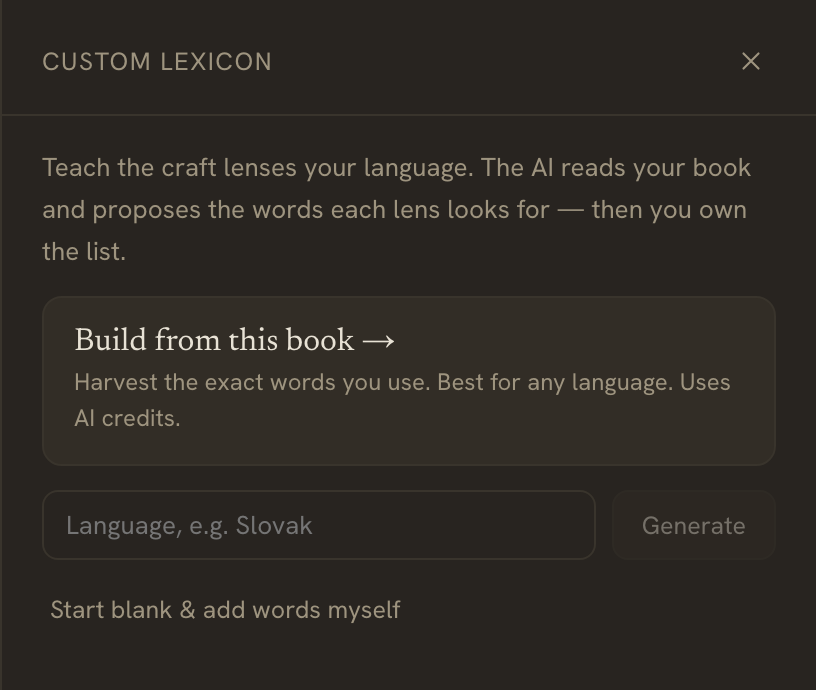 The Custom lexicon panel offering three ways to start: Build from this book, Generate for a language, or Start blank