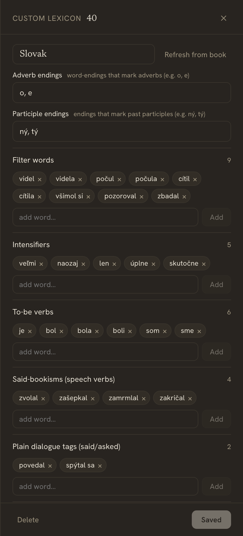 The Custom lexicon editor for a Slovak book — ending rules and per-category chip lists (filter words, intensifiers, to-be verbs, said-bookisms) with one-click removal