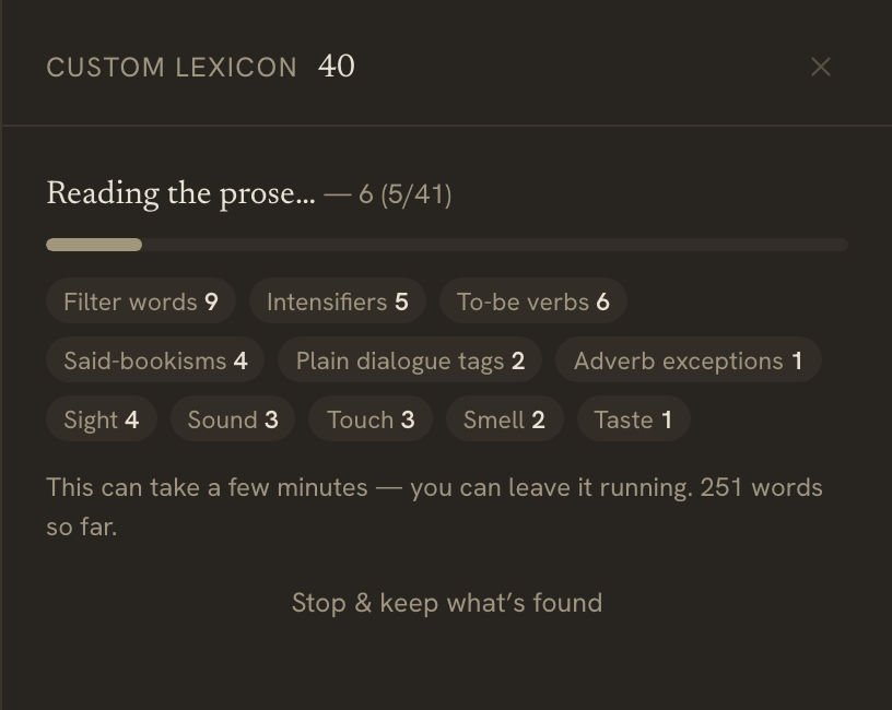 The build in progress — a progress bar, the current chapter, and per-category word counts ticking up