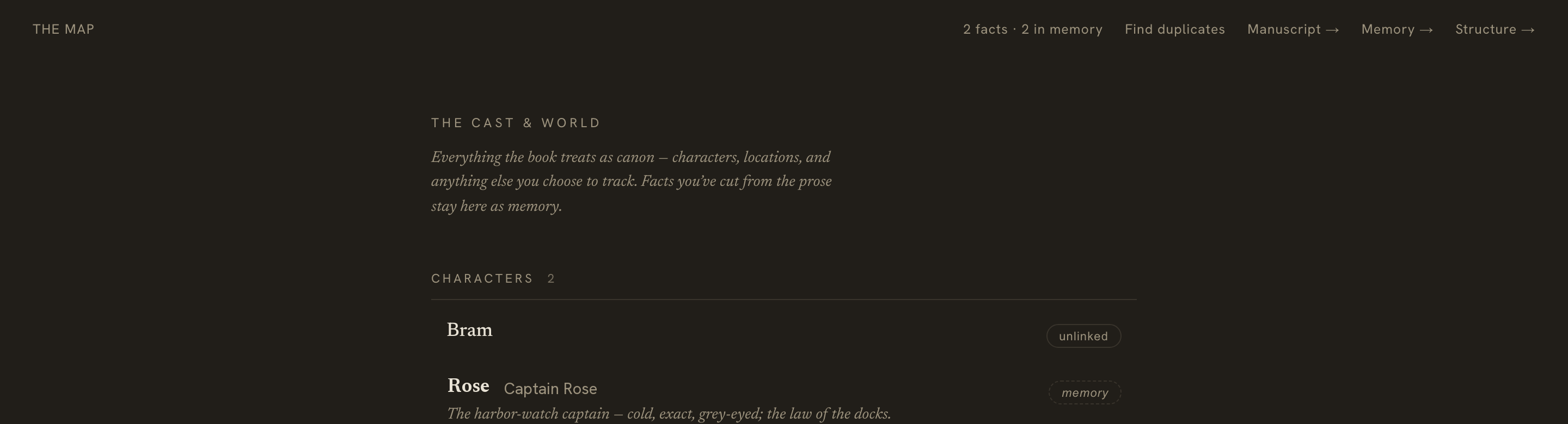 A character card showing the Identity line and, quieter beneath it, the Arc