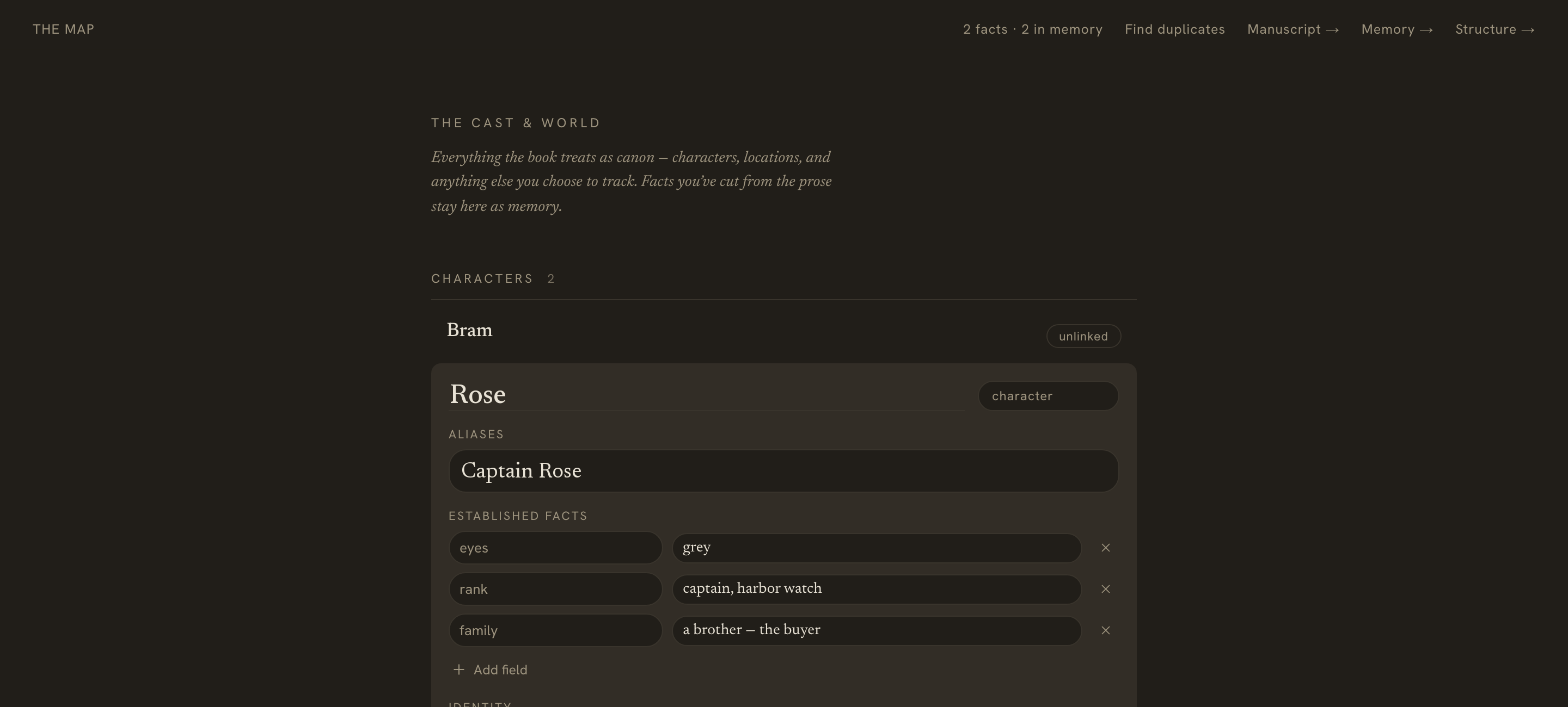 The card editor — the established facts, then Identity and Arc as their own fields