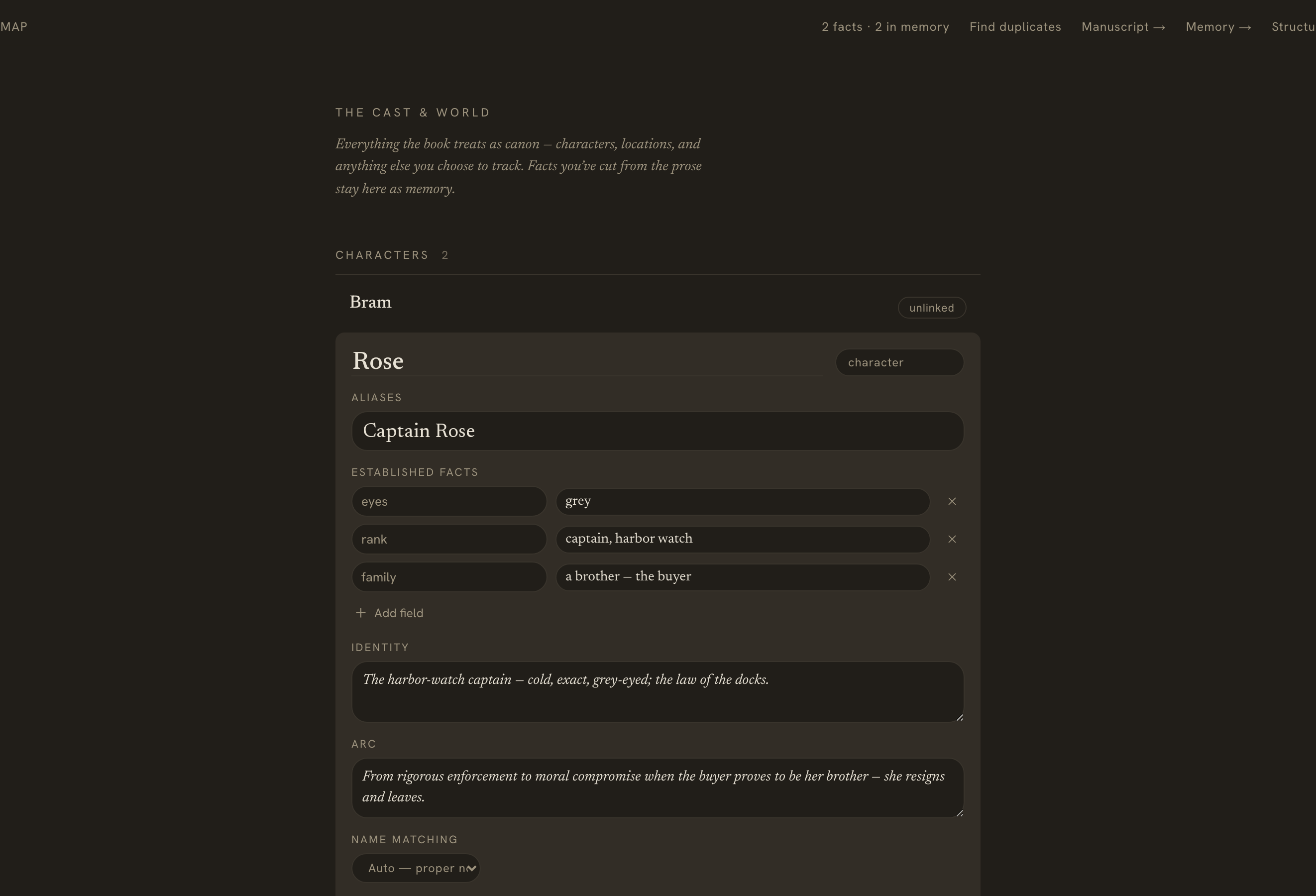 A character card editor with separate Identity and Arc fields above the established facts