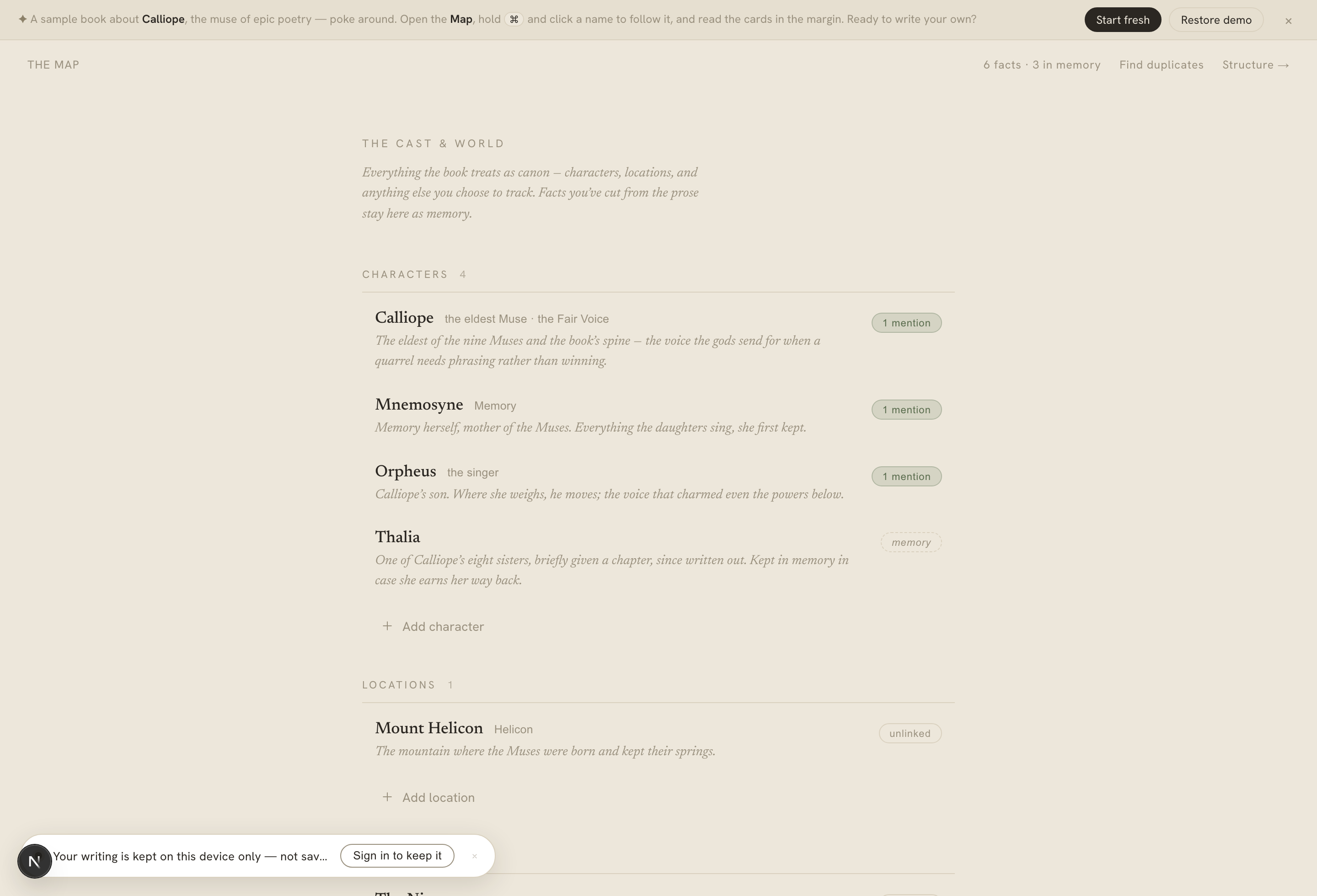 The Calliope Map — the cast of a book grouped by kind, with mention counts and memory states