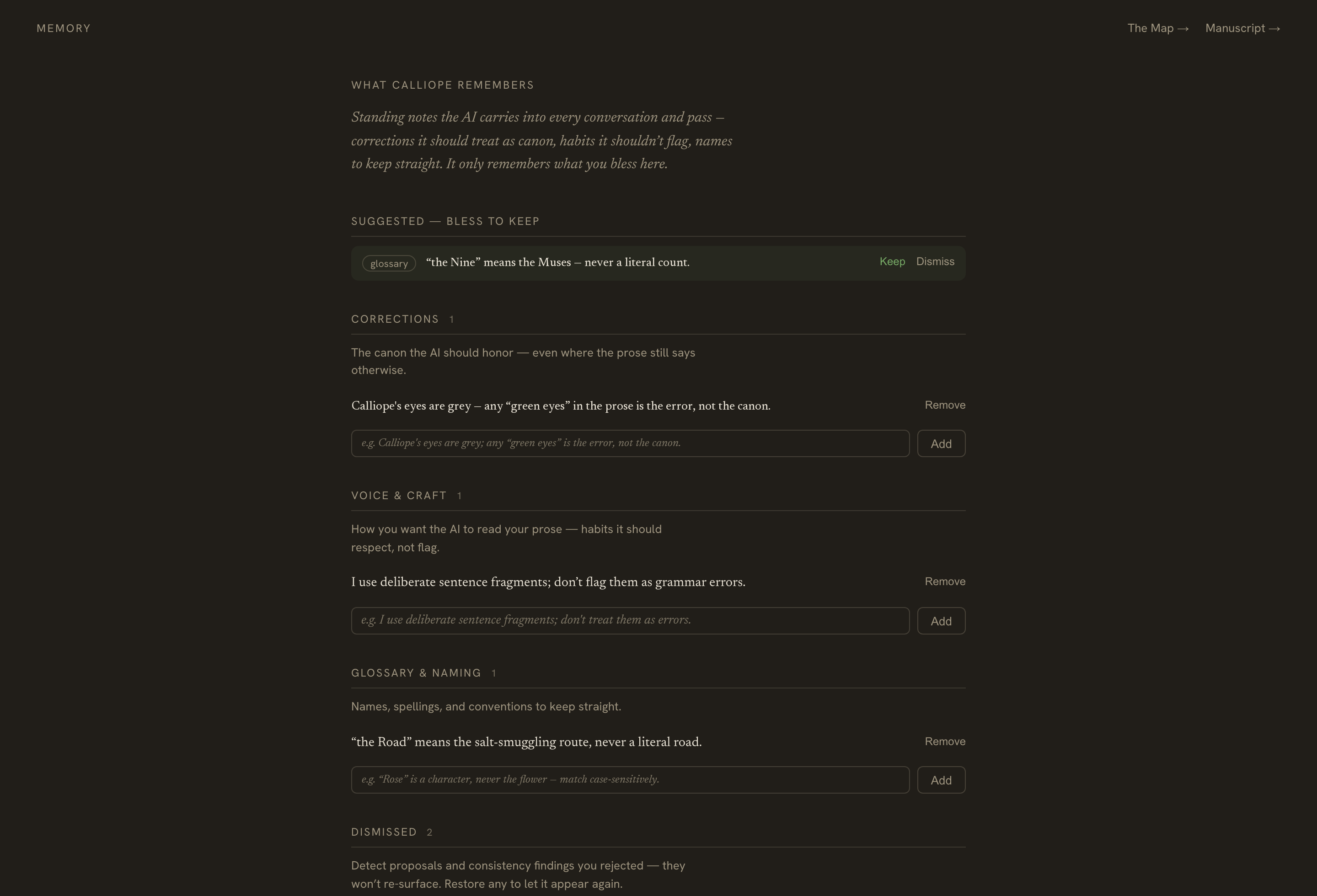 The Memory page — corrections, voice & craft, and glossary notes, plus a dismissed list
