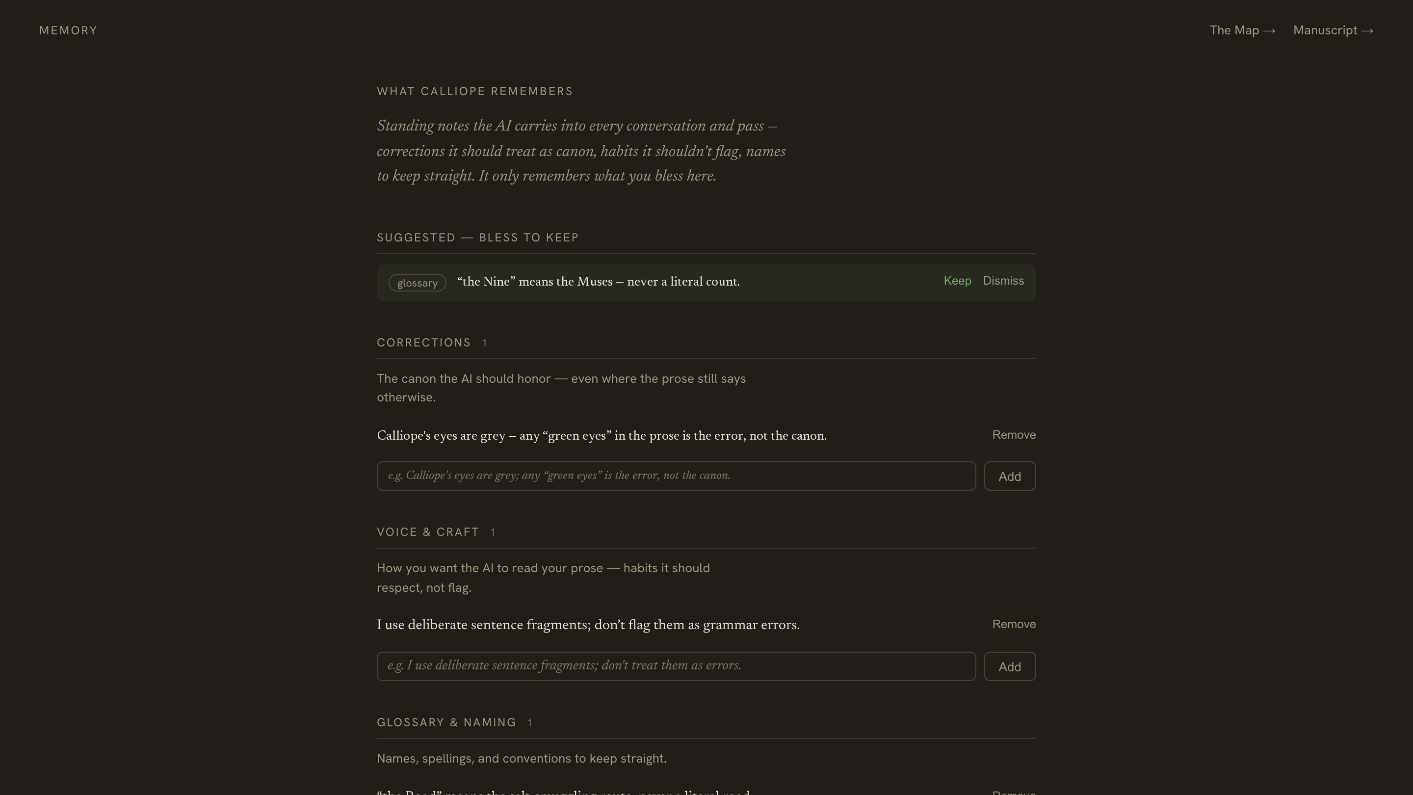 The Memory page — standing notes grouped into corrections, voice & craft, and glossary, a suggestion waiting to be blessed, and the dismissed list