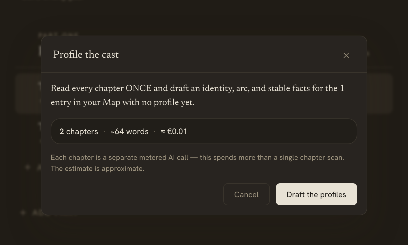 The "Profile the cast" pass — the scope in chapters and an estimated cost, shown before it runs