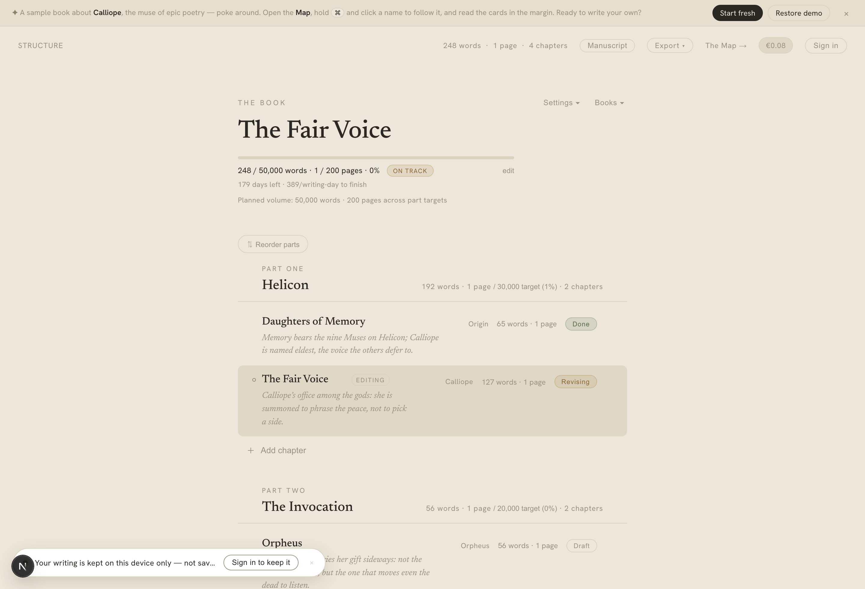 The Calliope structure view — parts and chapters with word counts, targets, and statuses