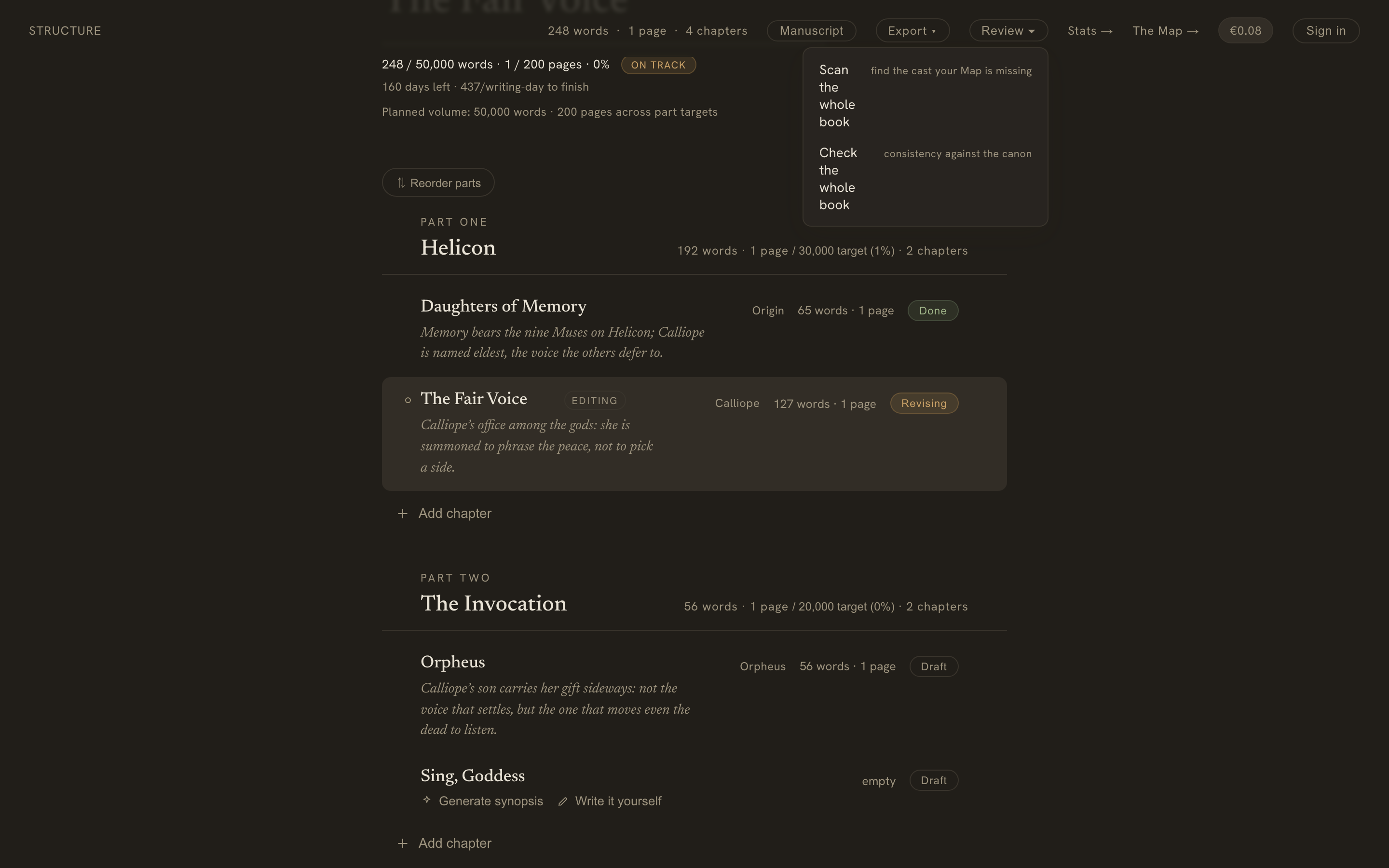 The Structure top bar with the Review menu open, offering "Scan the whole book" and "Check the whole book"