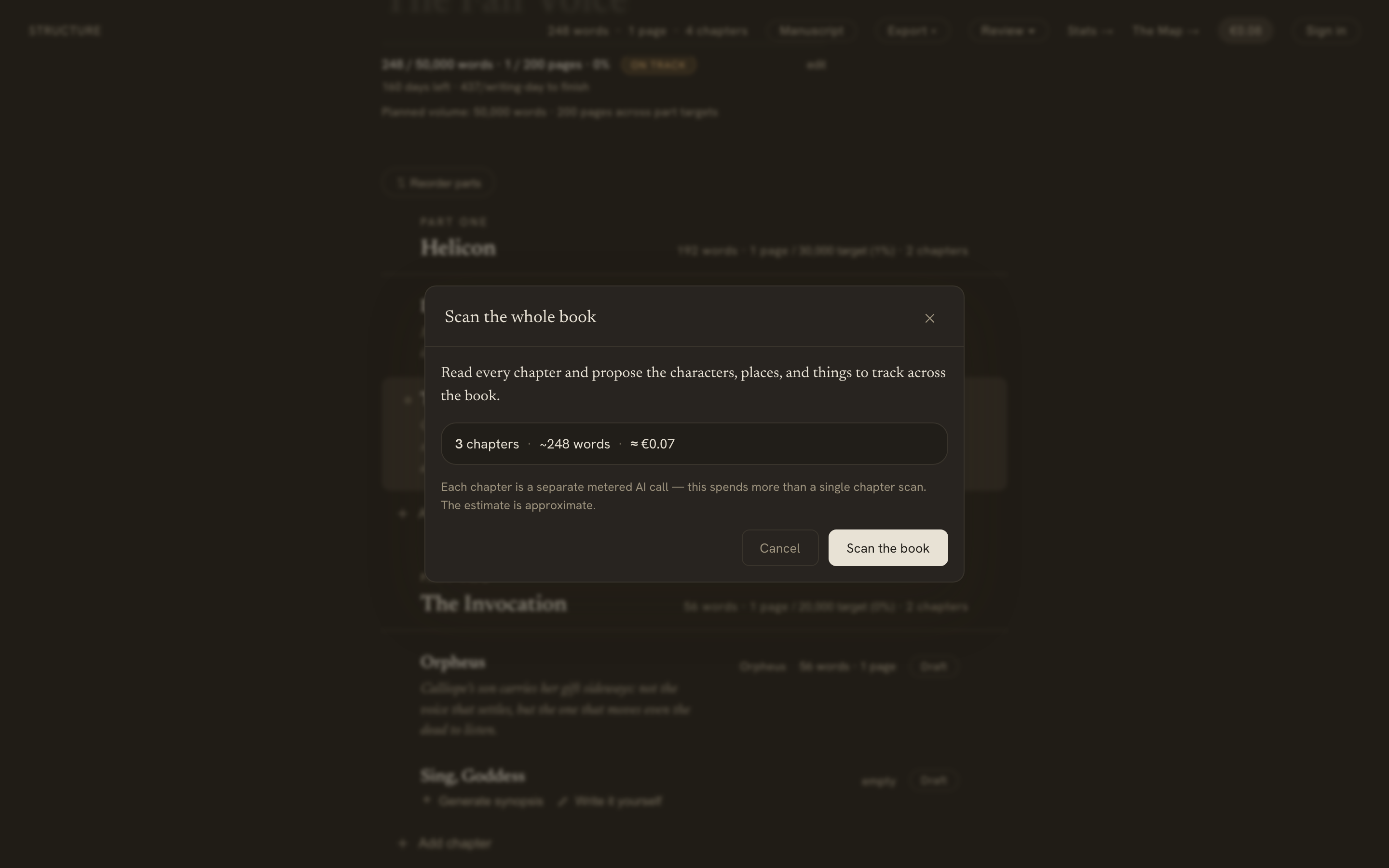 The cost-confirm before a whole-book scan — scope in chapters and words, an estimated cost, and a note that each chapter is a separate metered call
