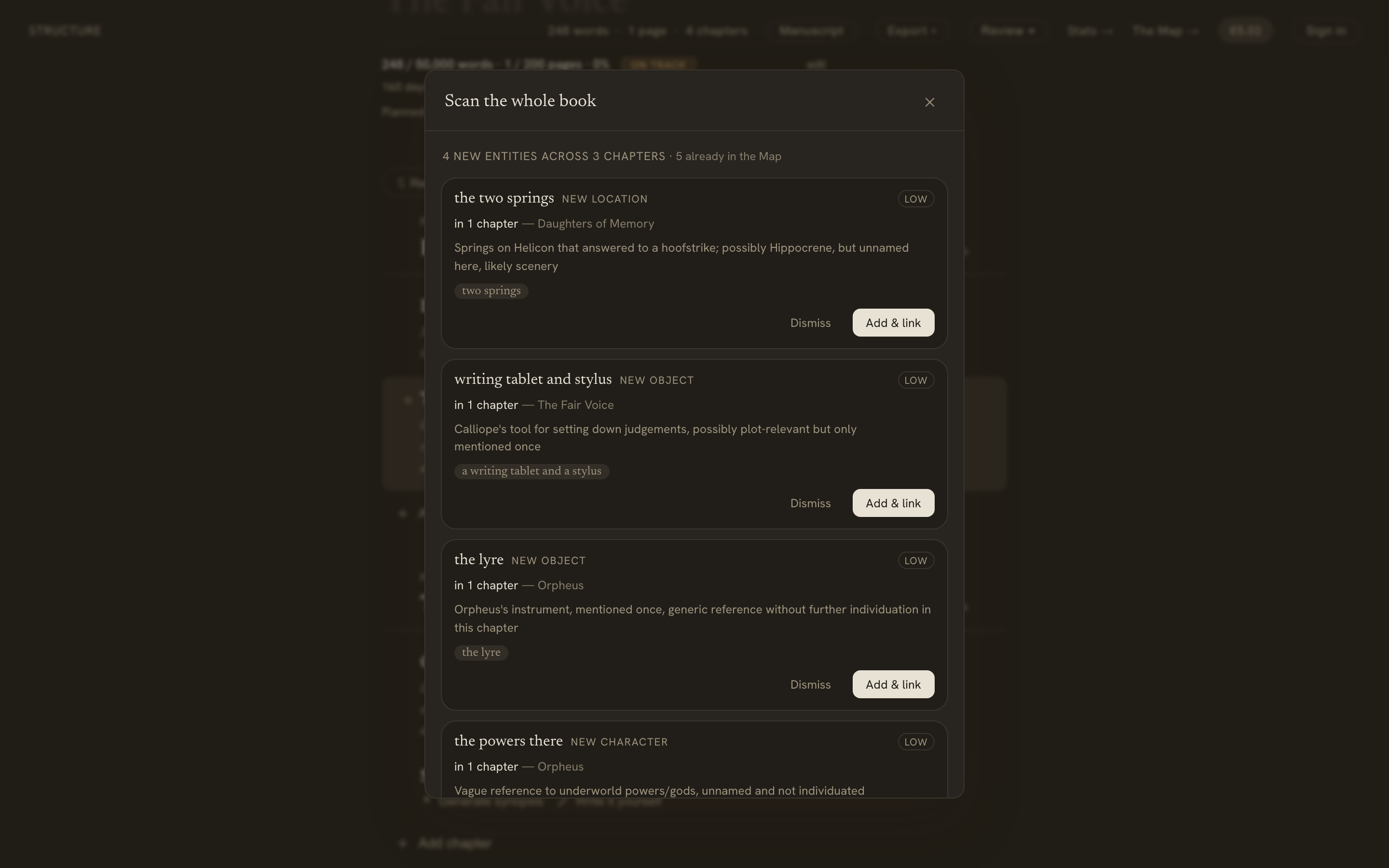 Scan results — aggregated new-entity cards across the book, each with its chapter footprint and an Add & link button