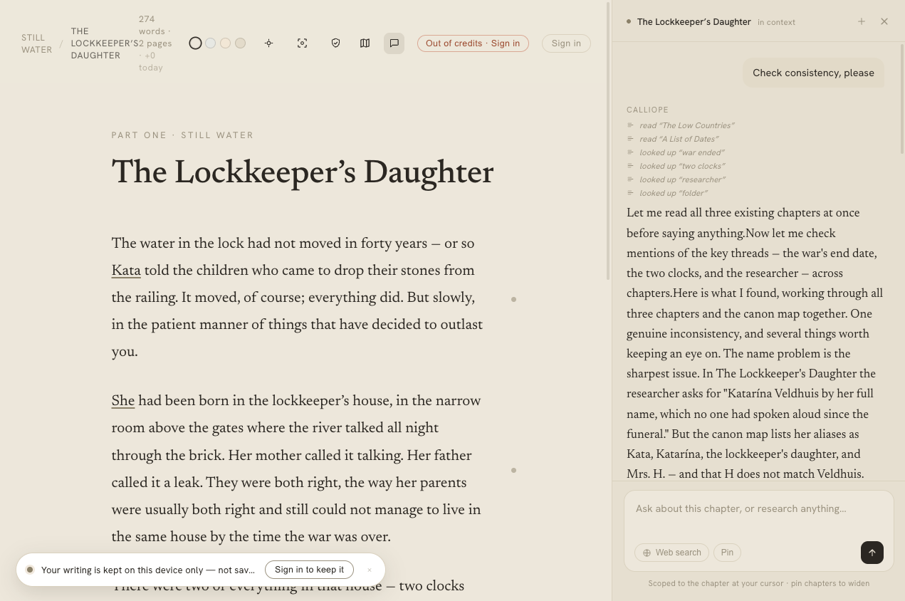 The Calliope editor with its AI companion checking a chapter for consistency — researching and flagging drift, never writing the prose.