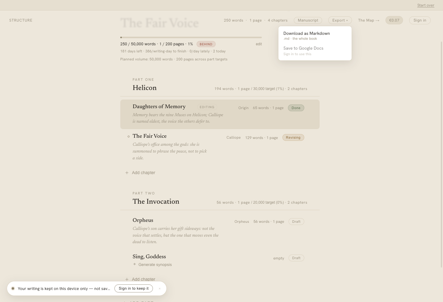 The Export menu open — download the whole book as Markdown or save it to Google Docs.