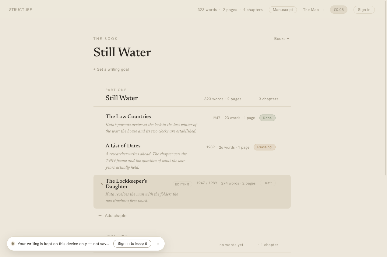 The structure view — parts, chapters, status, and word counts across your manuscript.