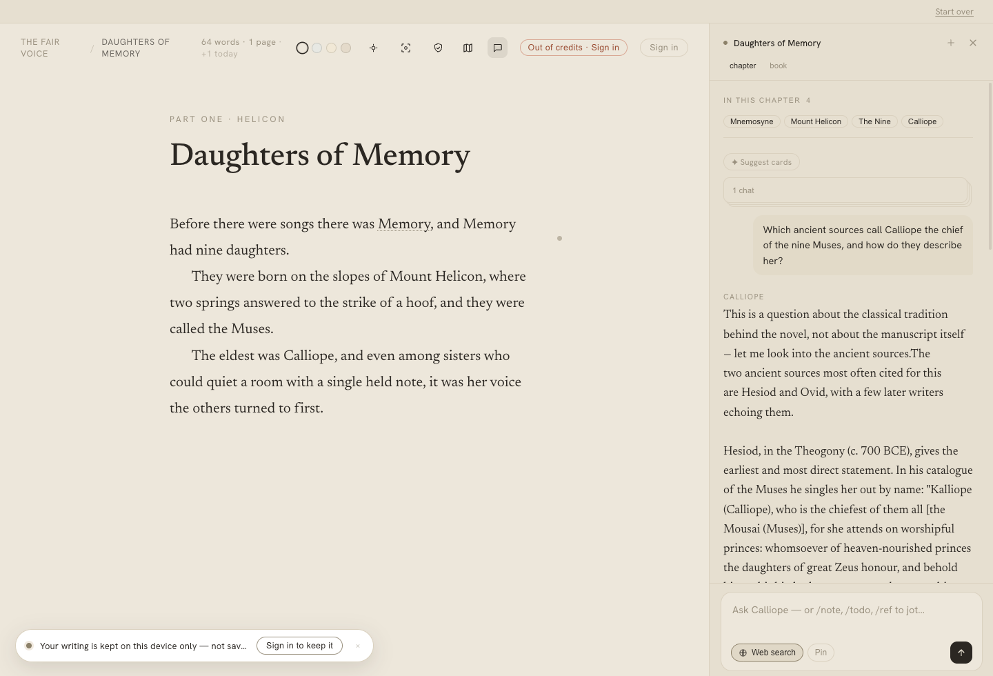 The Calliope companion answering a research question in the margin, with linked web sources